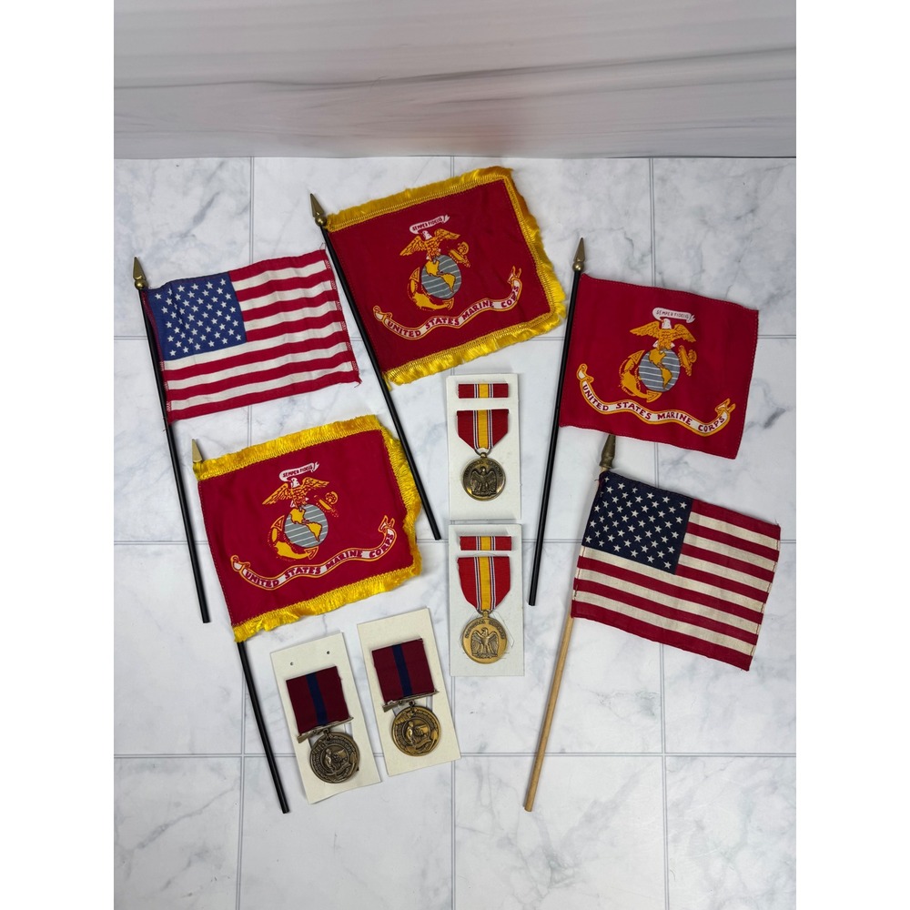Vintage USMC Marine Corps Medals & Flags Lot National Defense Good Conduct